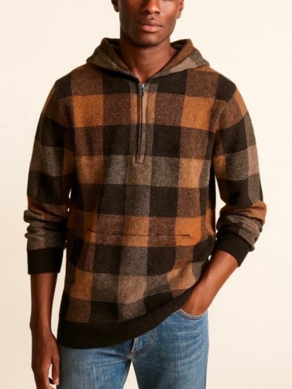 J. Crew Merino Wool Plaid Half-Zip Hoodie Sweater